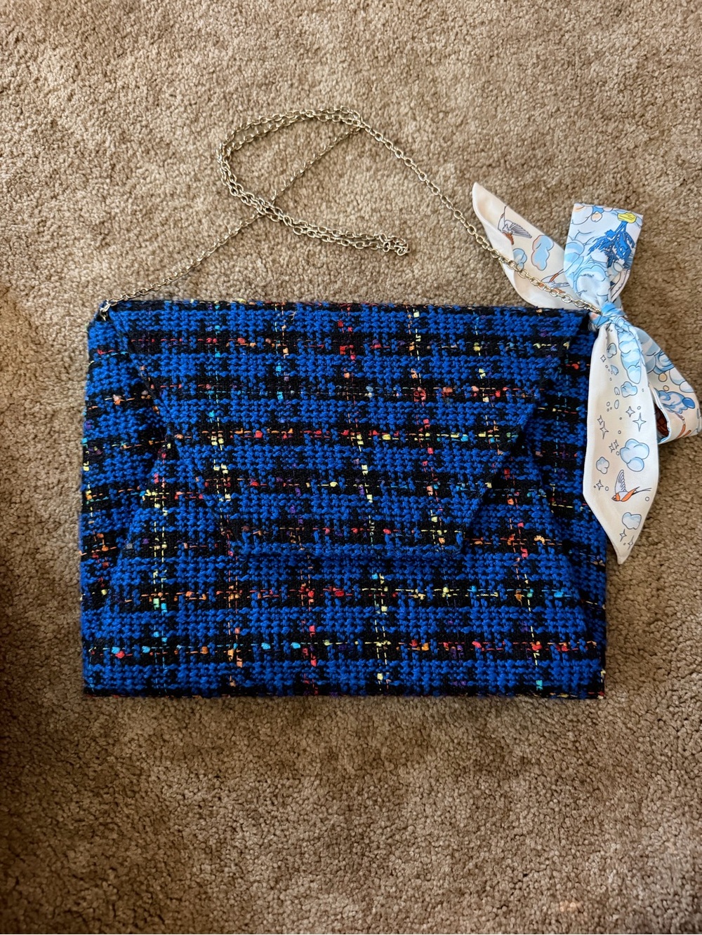 Blue Tweed Chain-Shoulder Strap Women’s Envelope Bag/Clutch with Twilly Accent